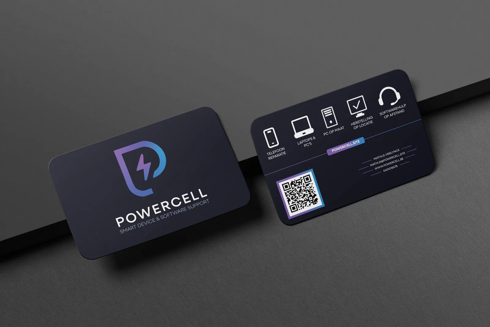 Powercell – double-sided business card design, showing the logo on the front and the service overview, QR code, and contact details on the back